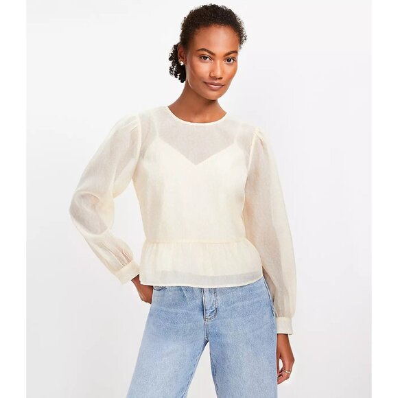 Ann Taylor LOFT Feather Print Tie Back Peplum Blouse XL - Picture 2 of 4